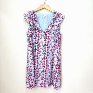 Club Monaco Blue Pink Floral Dress Size 4 Silk Mini Ruffles Boho Cottagecore